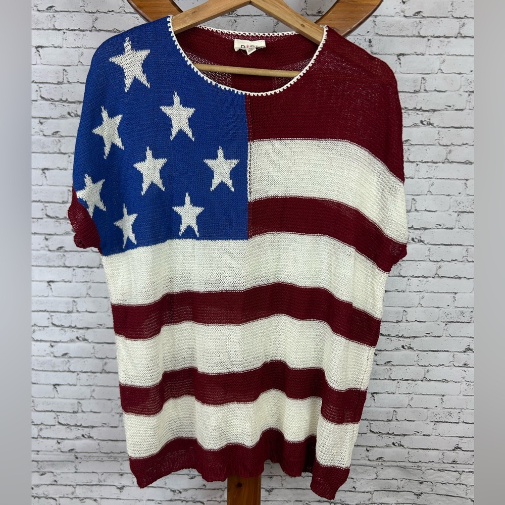 BiBi | Patriotic Red, White, and Blue Knit American flag Short Sleeve Sweater XL